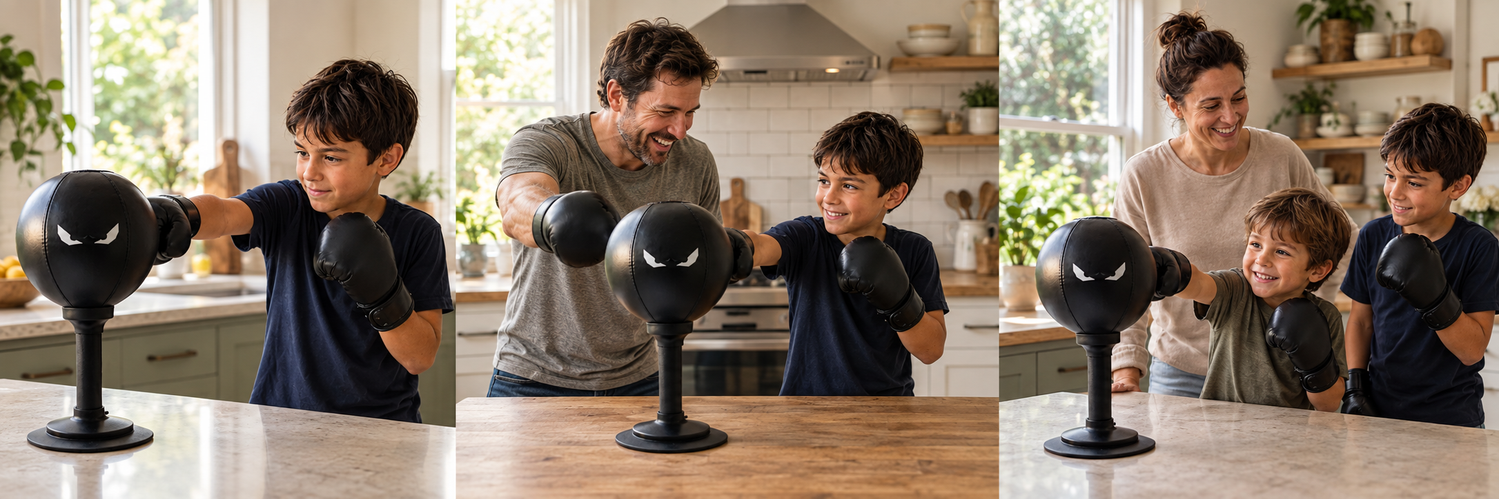 A boy uses his Funpunch Bag at home