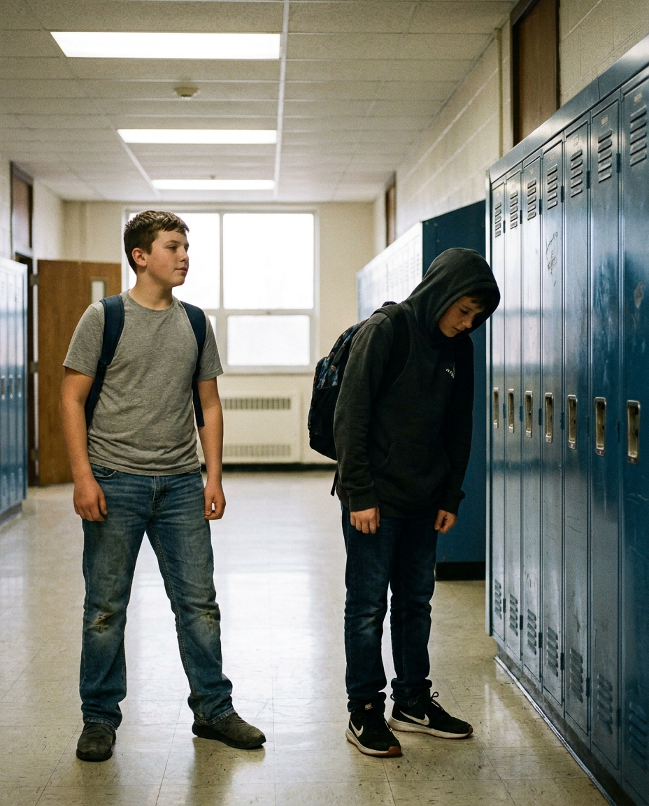 Two boys in a school hallway — one standing tall, one shrinking