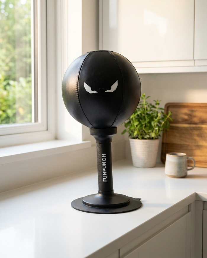 The compact black RageBag with rebound stem and suction base on a kitchen surface