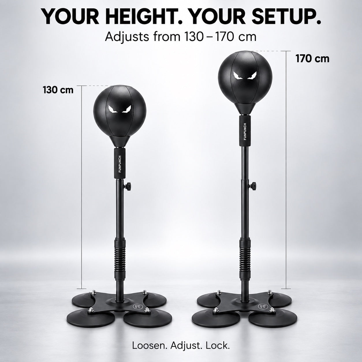 FUNPUNCH PRO height adjustment: 130 cm and 170 cm settings. Loosen, adjust, lock.