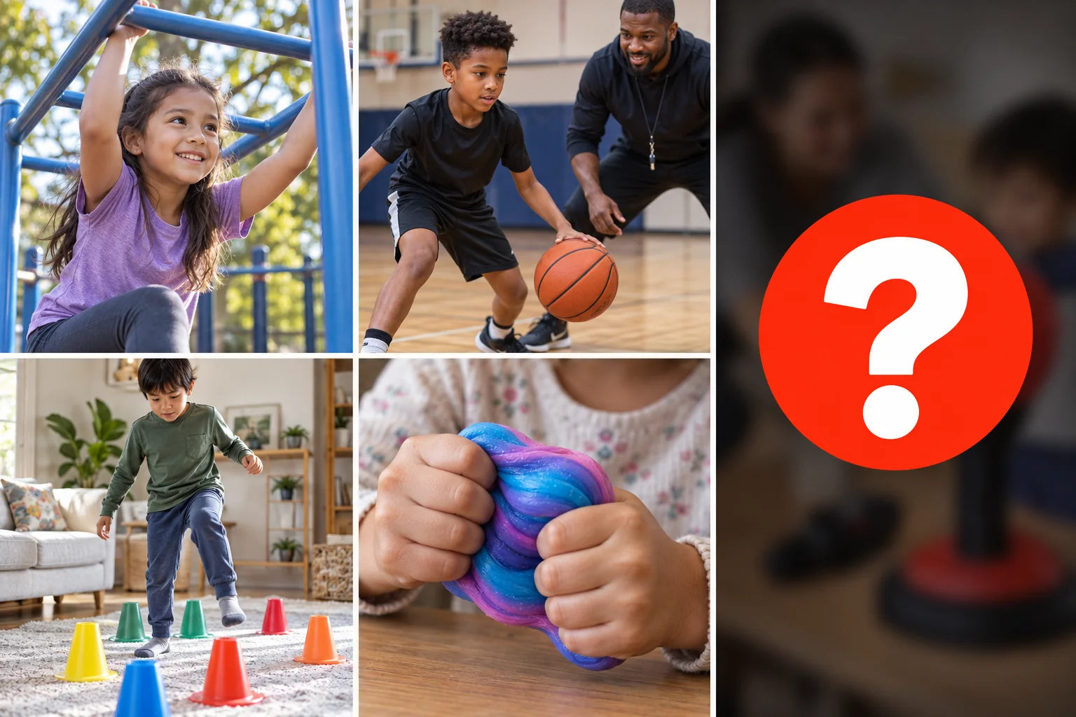 Four play ideas: playground, basketball, a home play course, and putty. A fifth activity is blurred behind a large question mark.