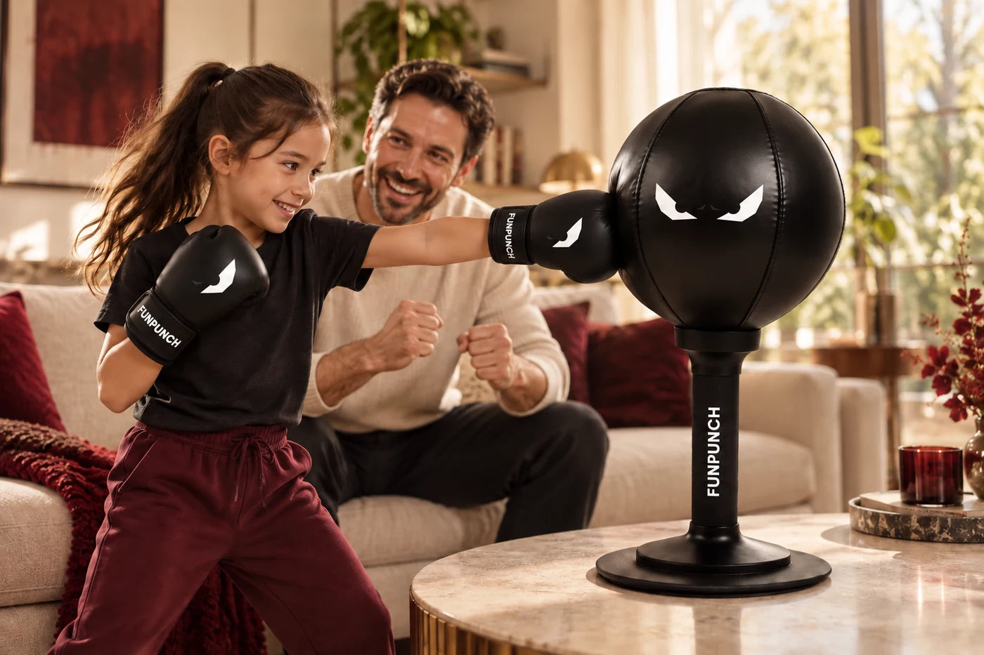Campaign scene of a father encouraging his daughter as she uses a FUNPUNCH bag