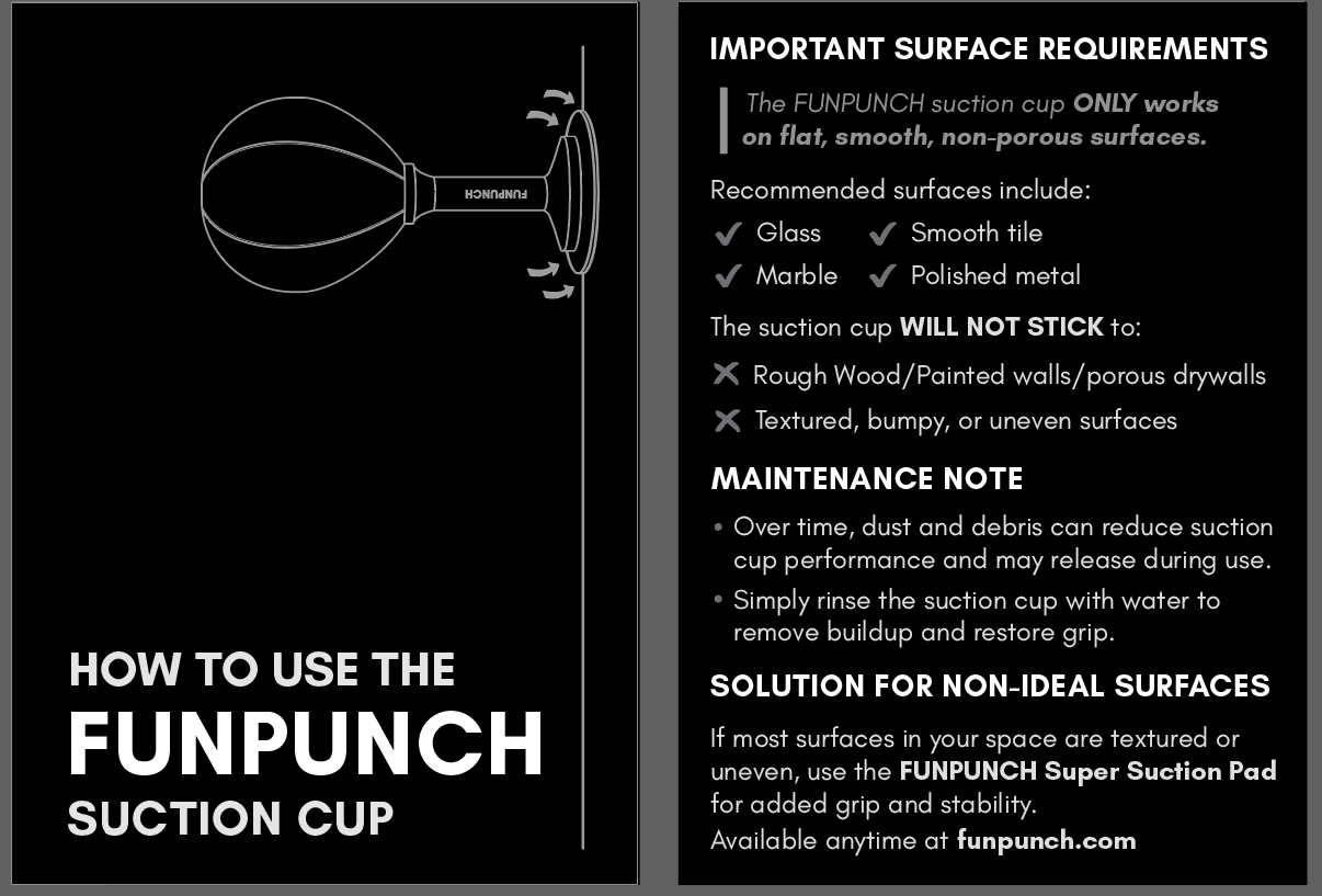 The team's revised FUNPUNCH suction guide, showing surface requirements and care instructions