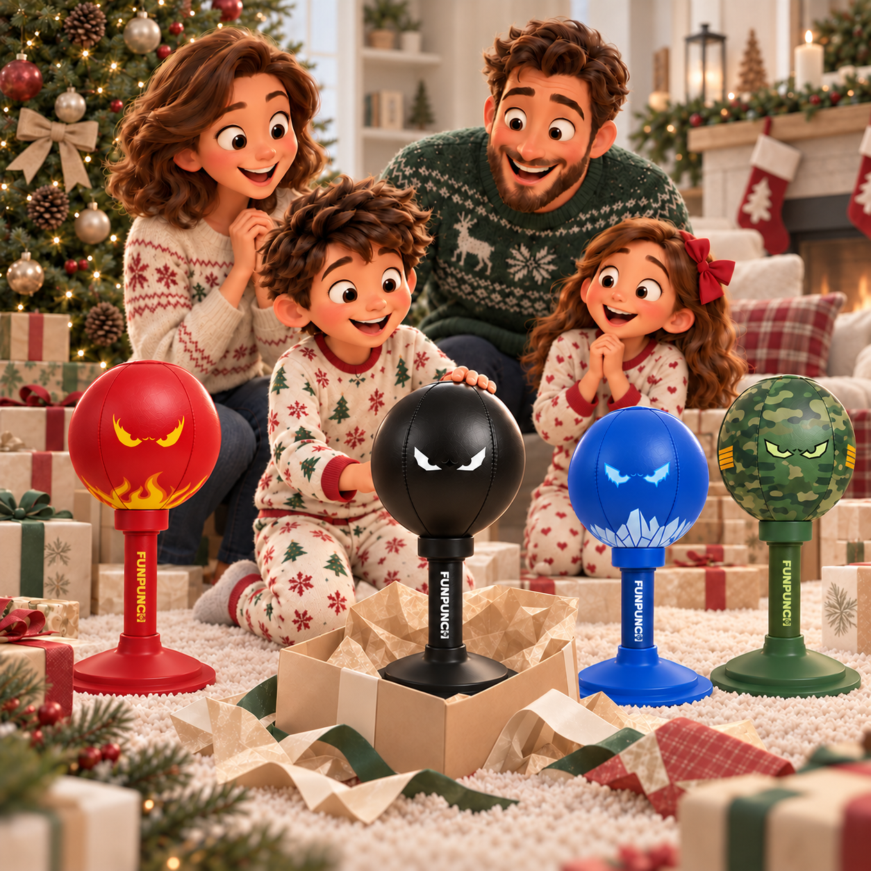 Cartoon family opening a black FUNPUNCH Rage-Bag at Christmas, with Flame, Ice and Camo editions