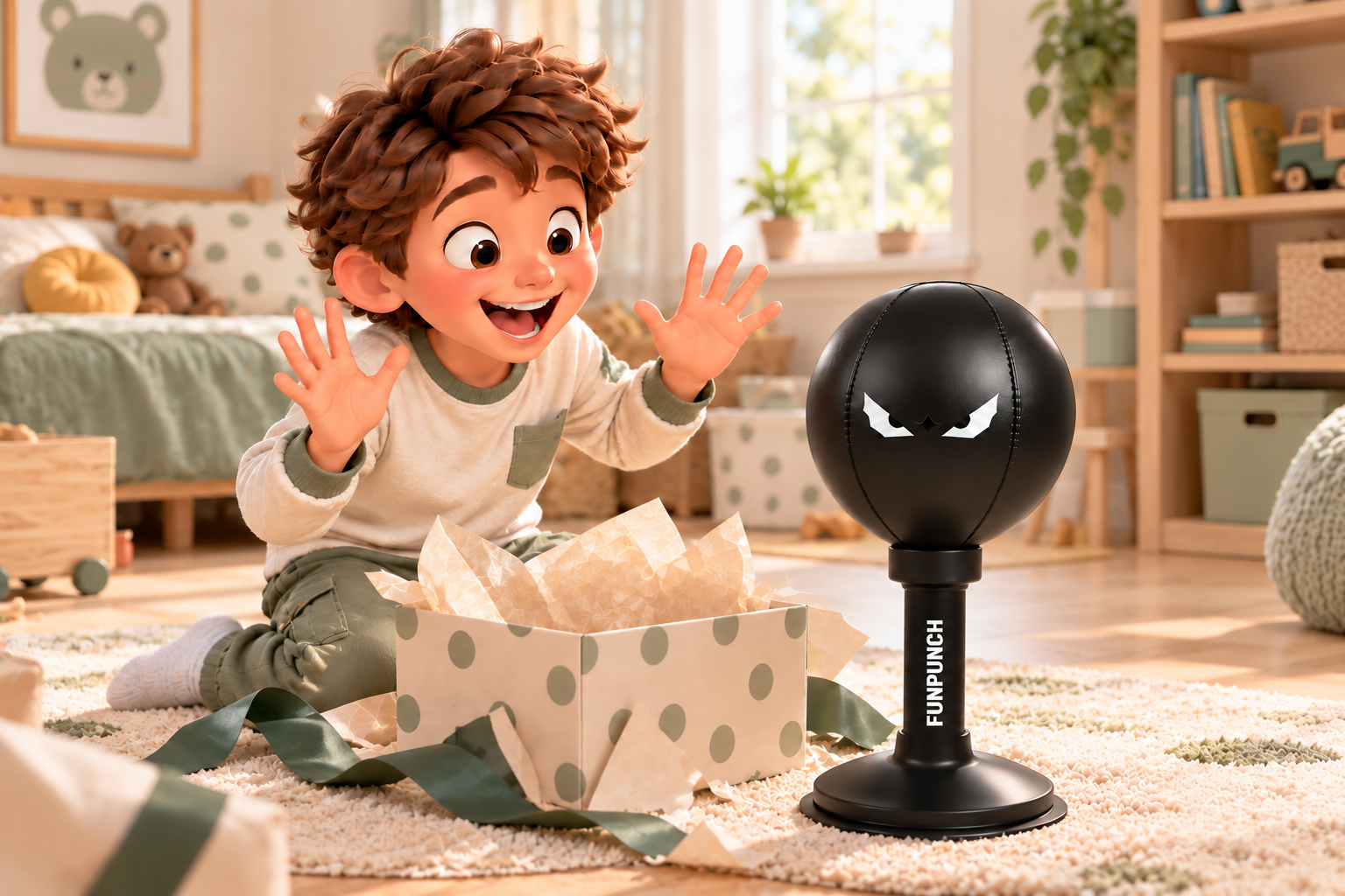 A delighted cartoon child discovering their FUNPUNCH gift