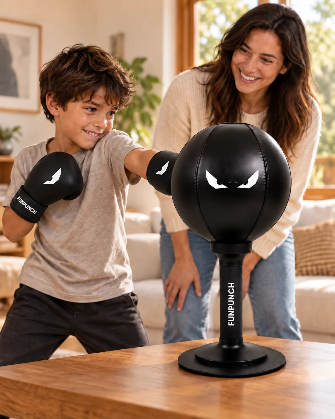 Campaign scene of a child using a RageBag with a parent encouraging them