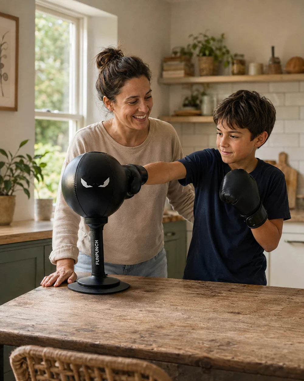 Illustrative scene of a child practising on a black RageBag while a parent encourages them