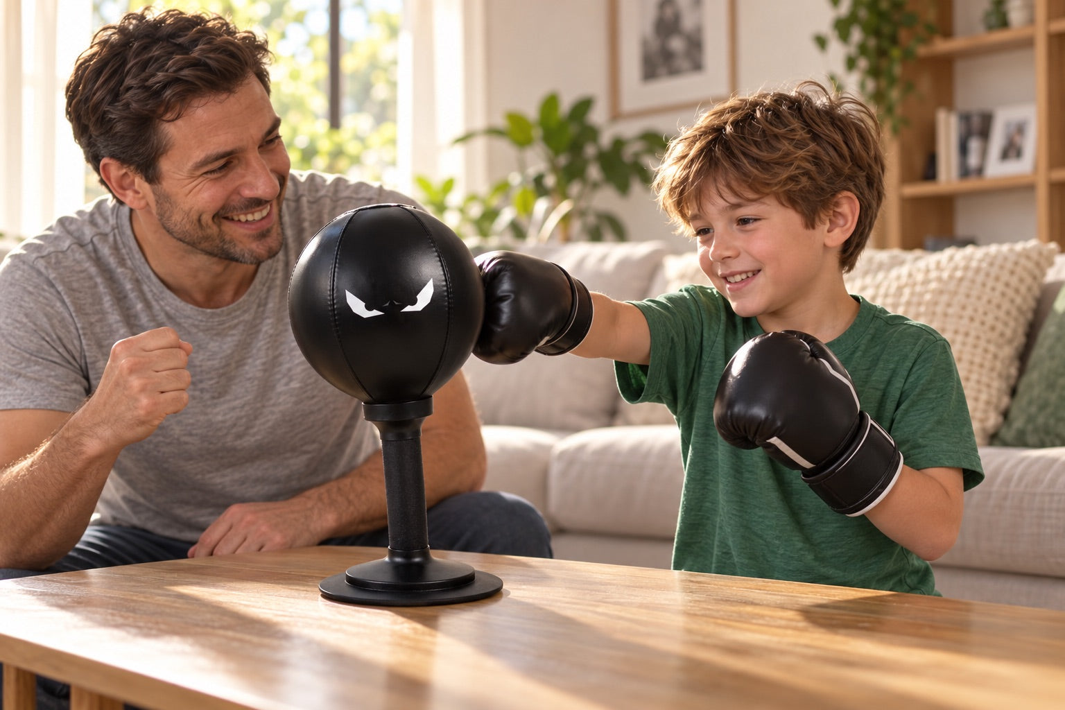A dad and son play with the FUNPUNCH Bag, AI image