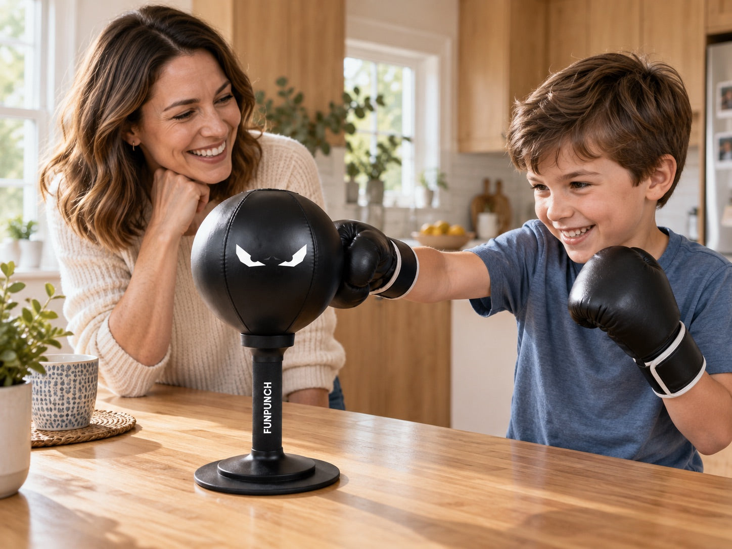 A mom smiles as her son punches the Funpunch Bag at home