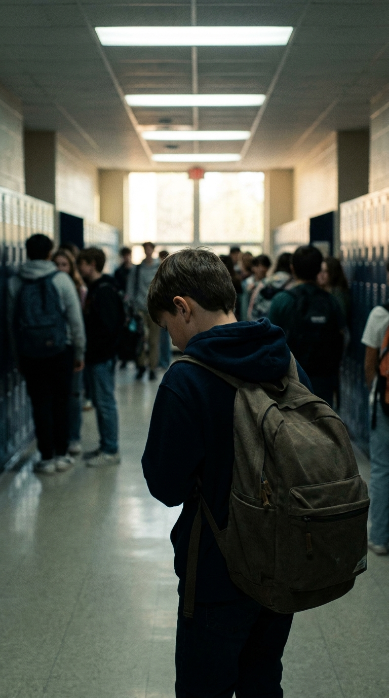 A boy walking down a crowded school hallway