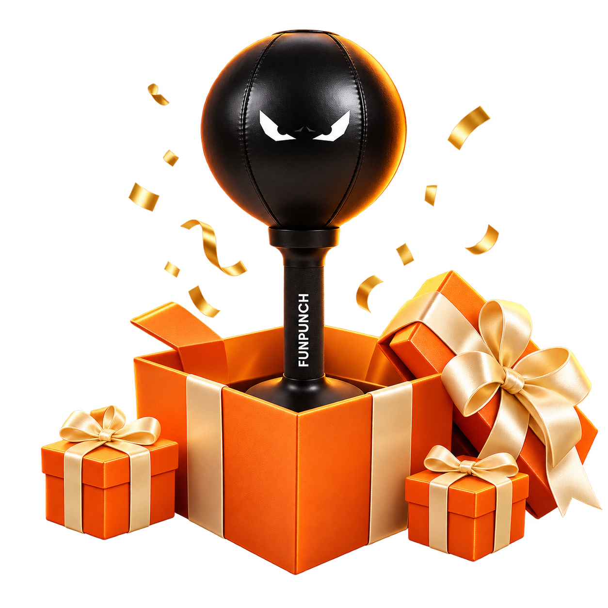 A FUNPUNCH Rage-Bag bursting out of orange gift boxes